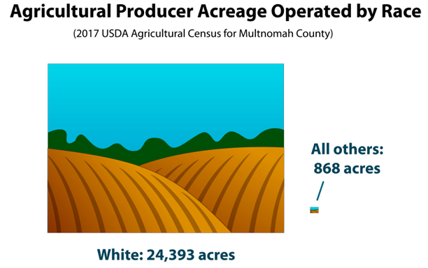 infographic depicting disparity in agricultural producer acreage by race between white and non-white producers