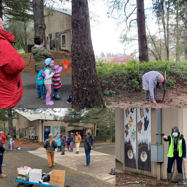 Photo collage of planting event, all outdoors, masked with groups of people standing outside.