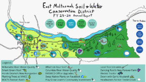 preview image of the landing page of an annual report featuring an illustrated map of the district area with several icons and a legend